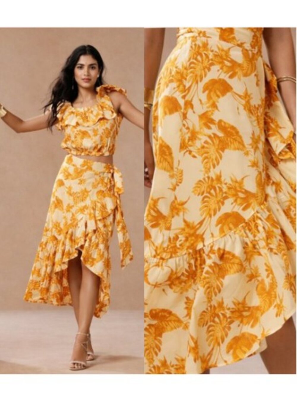 Banana Republic Tropical Floral Ruffle Wrap Yellow & Orange Skirt - Small